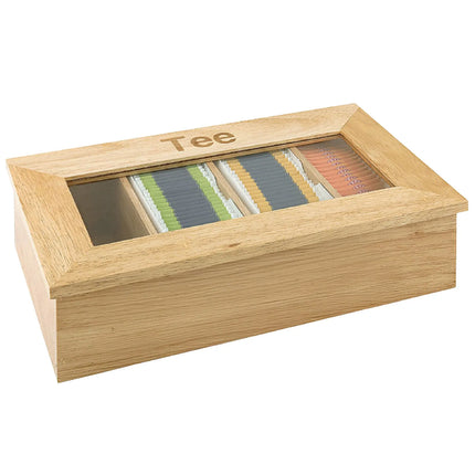 GGM Gastro Wooden Tea Box - 4 Compartments - with Viewing Window (Acrylic Lid) & Engraving - Brown