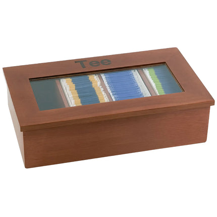 GGM Gastro Wooden Tea Box - 4 Compartments - with Viewing Window (Acrylic Lid) & Engraving - Dark Wood