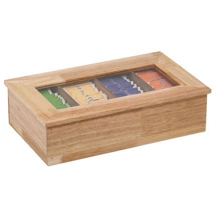 GGM Gastro Wooden Tea Box - 4 Compartments - with Viewing Window (Acrylic Lid) - without Engraving - Brown