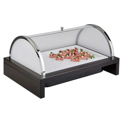 Roll-top Display Set - GGM Gastro BRIDGE - GN 1/1 - Acrylic - 635x425mm - Height: 310mm - incl. wooden frame, plastic container, melamine tray, ice pack & roll-top lid