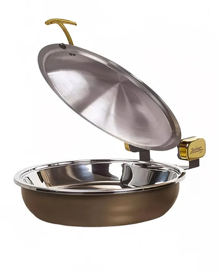 Spring USA 2382-587/36 15 1/4" Steel Sauteuse Pan Chafing Dish - Induction Ready, Bronze w/ Black Pearl Accents