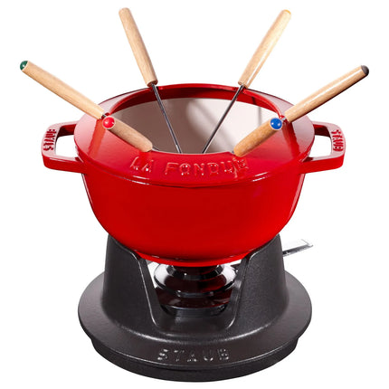 STAUB | Cast Iron Fondue Set – Ø 18 cm - Cherry Red - 6 Forks, Burner, Board