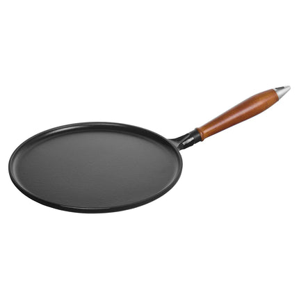 STAUB| Cast Iron Pancake Pan, Wooden Handle – Ø 28 cm - Black, Black Matte Interior Enamel, Includes Spreader & Turner
