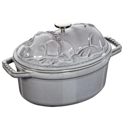 STAUB | Mini Cocotte Oval Enamelled Cast Iron Casserole Dish – 170 mm Oval – Graphite Grey – Pig Lid