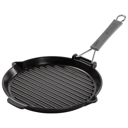 STAUB | Pure Grill Round Cast Iron Grill Pan – Ø28 cm - Black - Spout & Folding Silicone Handle