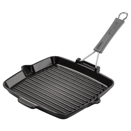 STAUB | Pure Grill Square Cast Iron Grill Pan – 24x24 cm - Black - Spout & Folding Silicone Handle