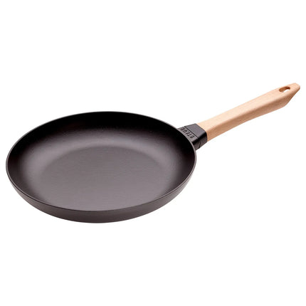 STAUB| Round Bare Cast Iron Frying Pan, Wooden Handle – Ø 28 cm - Black, Smooth Base, No Pour Spout, Hanging Eye