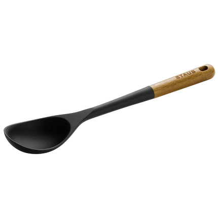 STAUB | Serving Spoon – Silicone - 31 cm - Black - Acacia Wood Handle - Nonstick Safe