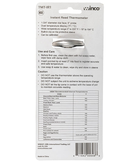 Winco TMT-IR1 Nhiệt Kế Bỏ Túi Mặt Số 4.4 cm Thân 12.7 cm, 0 Đến 220 Độ F