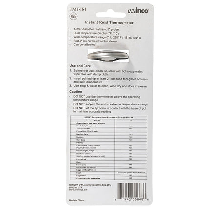 Winco TMT-IR1 Nhiệt Kế Bỏ Túi Mặt Số 4.4 cm Thân 12.7 cm, 0 Đến 220 Độ F