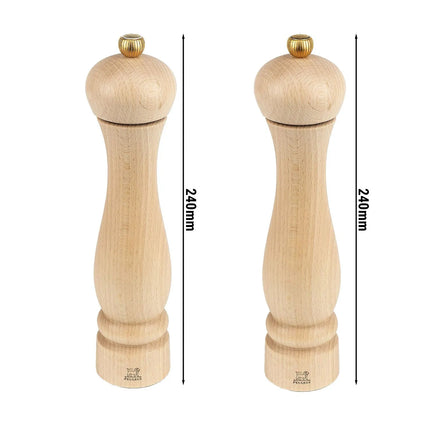 (12 pieces) PEUGEOT | Clermont Salt & Pepper Mills Set – 24 cm height - beech wood - natural - dual steel mechanisms (pepper 2-stage, salt hardened) - CE marked