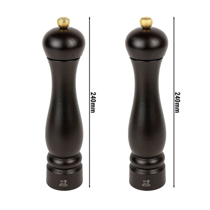 (12 pieces) PEUGEOT | Clermont Salt & Pepper Mills Set – 24 cm height - beech wood - chocolate - top-screw grind - CE marked - for dry salt (≈4 mm)