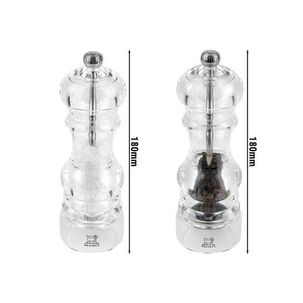 (12 pieces) PEUGEOT | NANCY Salt & Pepper Mill Set – Acrylic - 18 cm - Steel Salt & 2-Stage SS Pepper