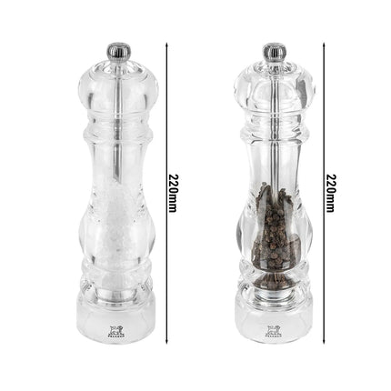 (12 pieces) PEUGEOT | NANCY Salt & Pepper Mill Set – Acrylic - 22 cm - Steel Salt & 2-Stage SS Pepper