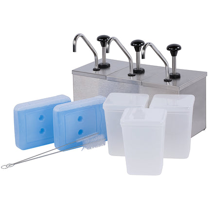 Bình phân phối gia vị cách nhiệt Carlisle 386230IB 3 vòi bơm inox kèm 2 túi đá và nhãn dán gia vị