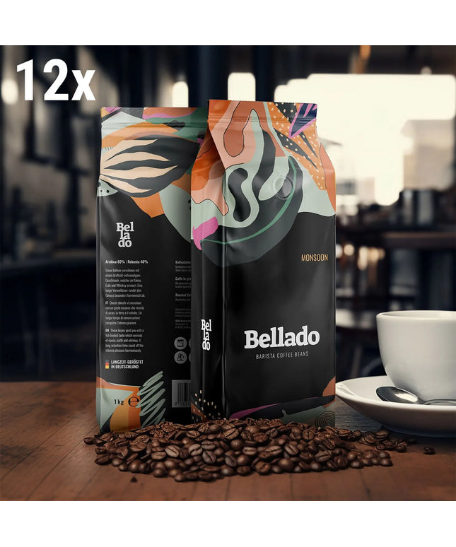 (12x 1kg) BELLADO | Save 11%/kg Monsoon Espresso Beans – Dark roast-60/40 Arabica/Robusta-Cocoa-earthy-whisky