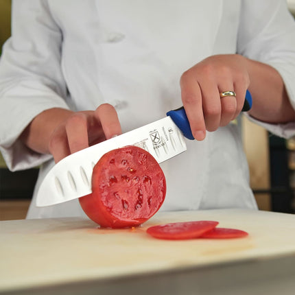 Dao Santoku Mercer Culinary M22707BL 17.8cm Lưỡi Thép Nhật Carbon Cao Tay Cầm Santoprene®/Polypropylene Xanh Dương