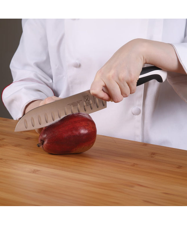 Dao Santoku Mercer Culinary M22707WBH 17.8 cm Lưỡi Thép Nhật Carbon Cao Cán Santoprene®/Polypropylene Trắng