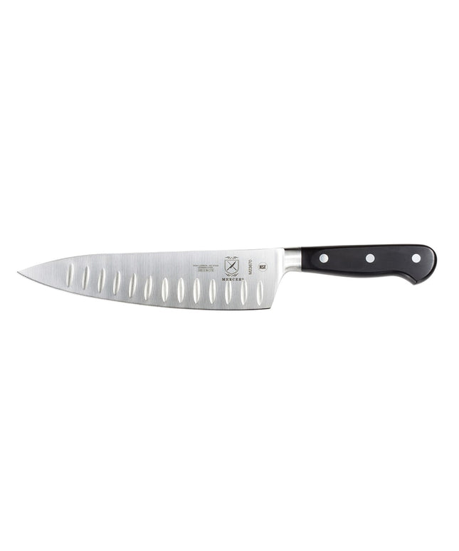 Dao Bếp Trưởng Mercer Culinary M23670 20.3cm Rãnh Granton Cán Delrin® Đen Thép Đức Carbon Cao