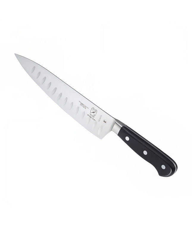 Dao Bếp Trưởng Mercer Culinary M23670 20.3cm Rãnh Granton Cán Delrin® Đen Thép Đức Carbon Cao