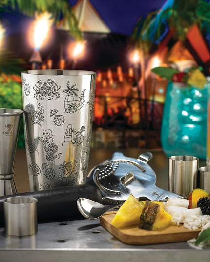 Bình Lắc Cocktail Barfly M37092 828 ml Họa Tiết Tiki Bề Mặt Bóng Gương