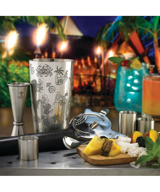 Bình Lắc Cocktail Barfly M37092 828 ml Họa Tiết Tiki Bề Mặt Bóng Gương