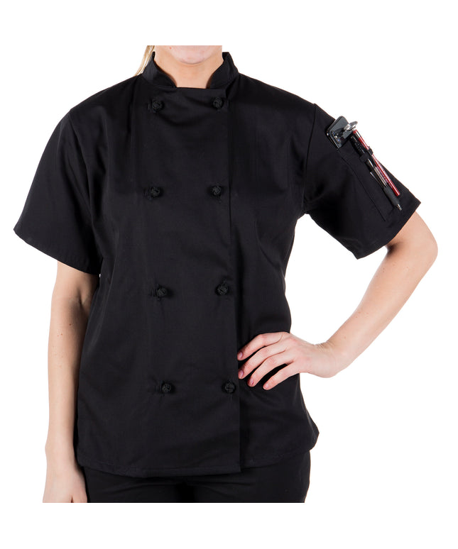 Áo bếp nữ tay ngắn Mercer Culinary Millennia đen nút thắt vải, tùy chỉnh M60024BK - 2XL
