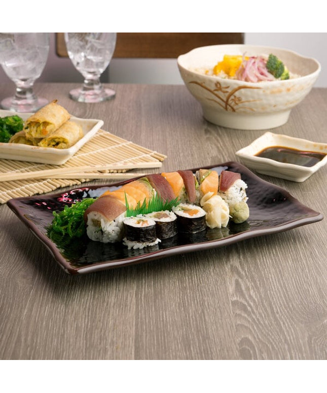 Đồ phục vụ sushi Thunder Group 2412TM Tenmoku đen 28,6 cm x 18,4 cm chữ nhật melamine đĩa lượn sóng - Gói 12 cái