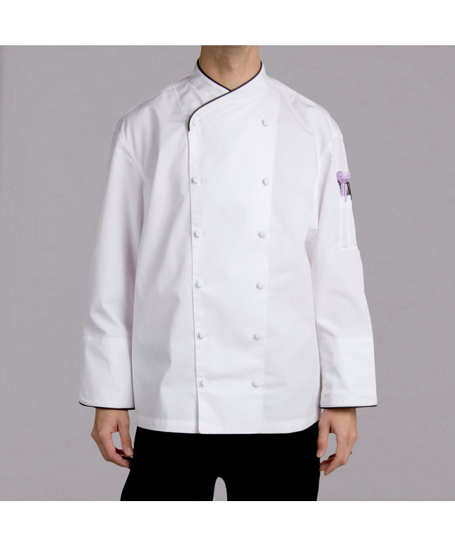 Áo bếp điều hành dài tay unisex trắng tùy chỉnh viền đen Chef Revival Corporate J008 - 2X