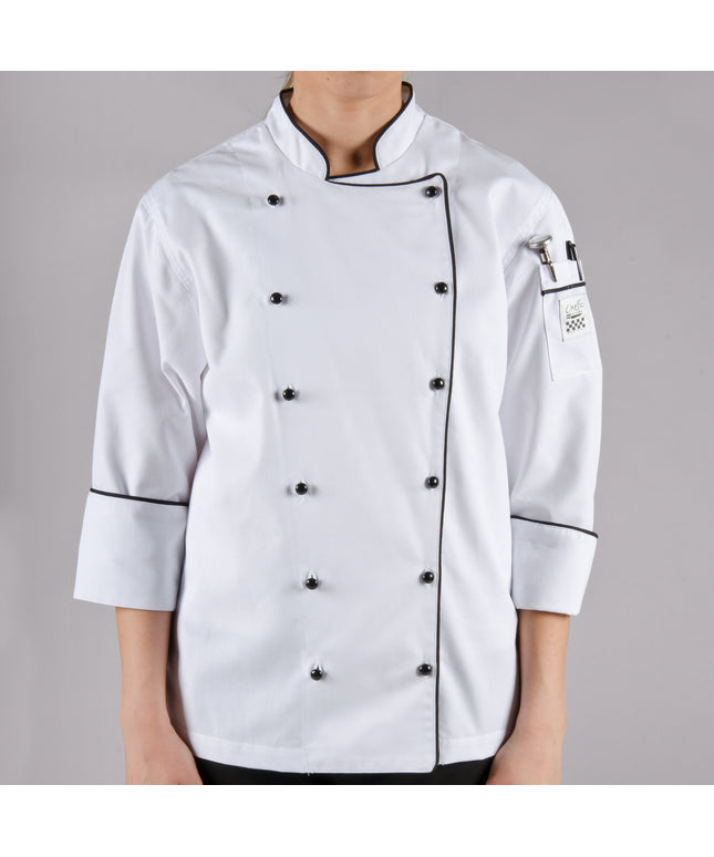 Áo bếp executive tay dài nữ màu trắng viền đen tùy chỉnh Chef Revival Corporate LJ044 - size 2X