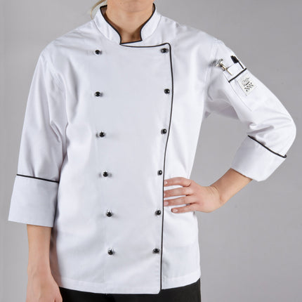 Áo bếp executive tay dài nữ màu trắng viền đen tùy chỉnh Chef Revival Corporate LJ044 - size 2X