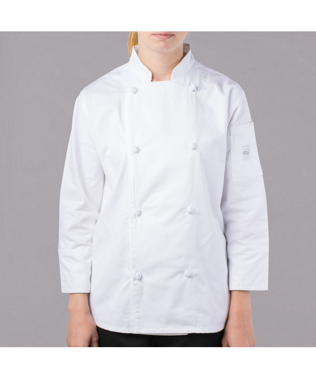 Áo bếp Mercer Culinary Genesis® Women's trắng tùy chỉnh Long tay áo áo bếp Cloth Knot Buttons M61040WH - 2X