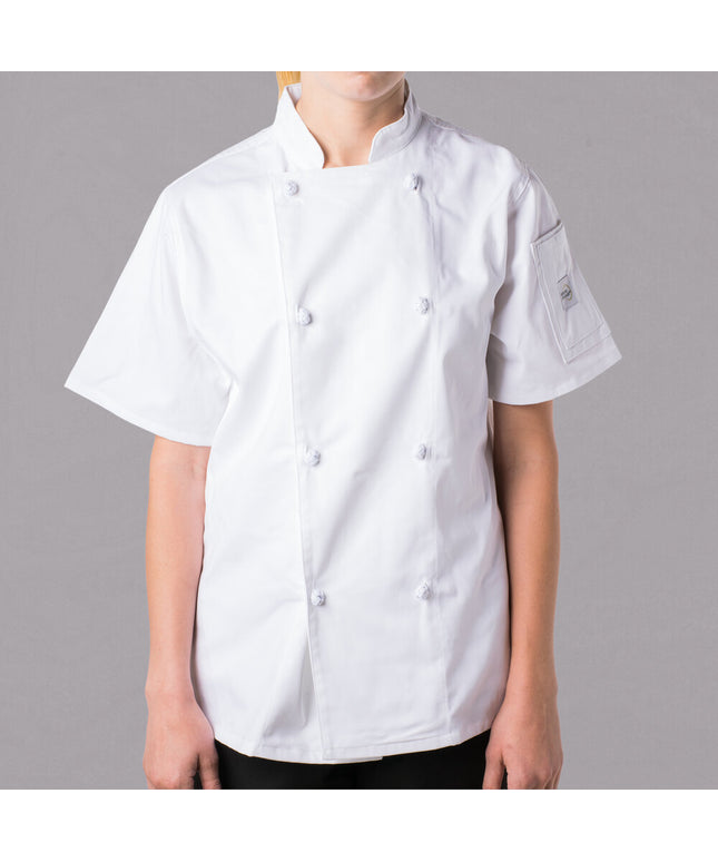 Áo đầu bếp nữ tay ngắn tùy chỉnh trắng nút vải Mercer Culinary Genesis M61042WH - 3X