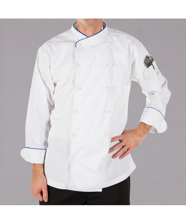 Áo bếp dài tay unisex điều hành nhẹ Mercer Culinary Renaissance màu trắng viền xanh hoàng gia tùy chỉnh M62020WRB - 2XL