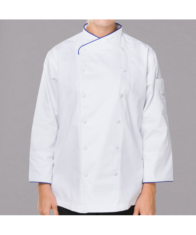 Áo bếp nữ tay dài tùy chỉnh màu trắng viền xanh coban Mercer Culinary Renaissance® M62050WRB - 2X