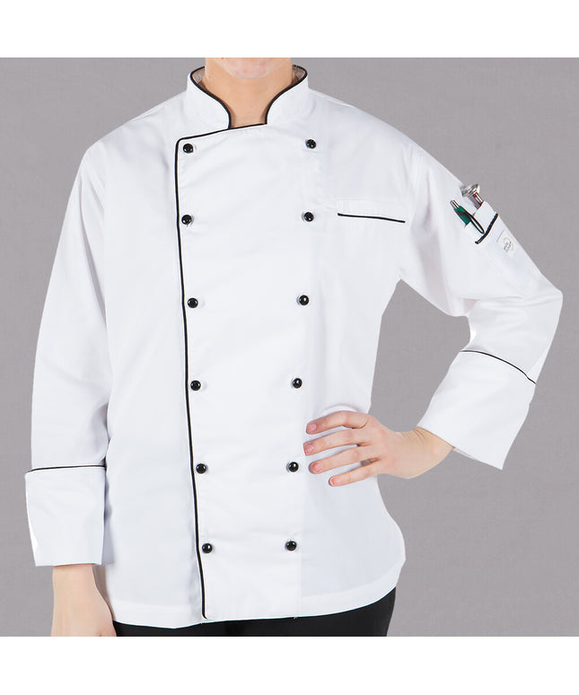 Áo đầu bếp điều hành nữ nhẹ Mercer Culinary Renaissance® trắng viền đen tùy chỉnh M62095WB - XXS