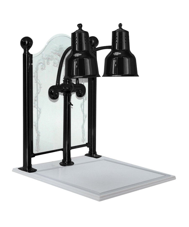 Trạm cắt thịt đèn hồng ngoại đôi màu đen đế trắng kèm kính chắn Hanson Heat Lamps DLM/CC/WB/B 51 x 61 cm