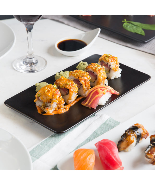 Đồ đựng sushi Acopa 25,4 cm x 14,6 cm chữ nhật mờ đen đĩa phẳng gốm sứ - Thùng 12 cái