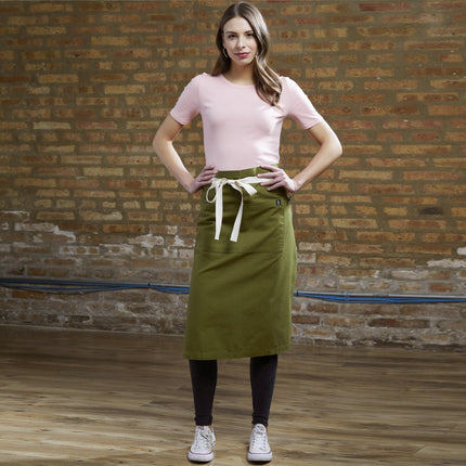 Tạp dề bistro vải canvas 100% cotton có thể tùy chỉnh Uncommon Chef 3119 Marvel xanh rêu, dây viền tự nhiên và 1 túi