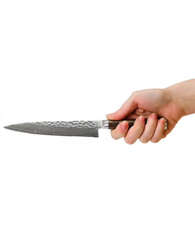 Dao Đa Năng Răng Cưa Shun 16.5 cm Lưỡi Damascus Cán Gỗ Óc Chó (TDM0722)
