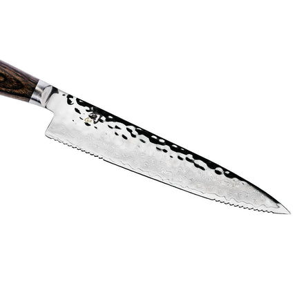 Dao Đa Năng Răng Cưa Shun 16.5 cm Lưỡi Damascus Cán Gỗ Óc Chó (TDM0722)