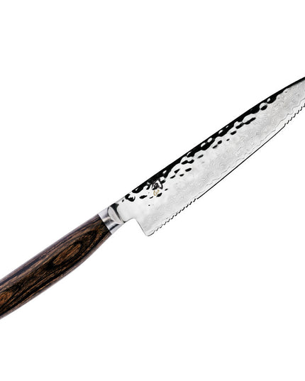 Dao Đa Năng Răng Cưa Shun 16.5 cm Lưỡi Damascus Cán Gỗ Óc Chó (TDM0722)