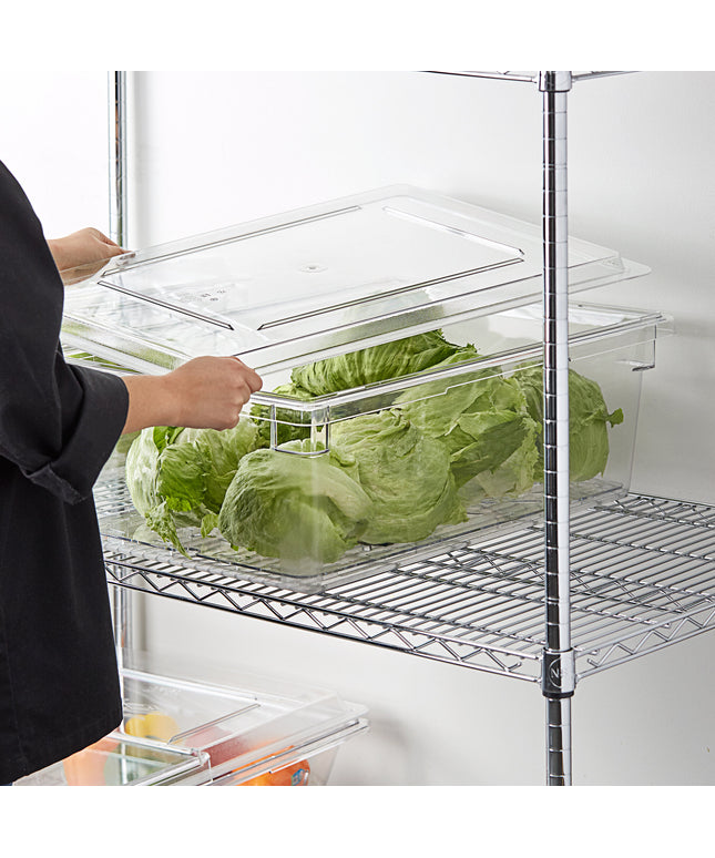 Bộ hộp đựng thực phẩm kèm khay lọc và nắp phẳng nhựa polycarbonate trong suốt Cambro Camwear 66 x 46 x 23 cm