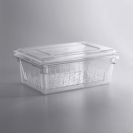Bộ hộp đựng thực phẩm kèm rổ lọc và nắp phẳng nhựa polycarbonate trong suốt Cambro Camwear 66 x 46 x 23 cm - Rổ lọc sâu 