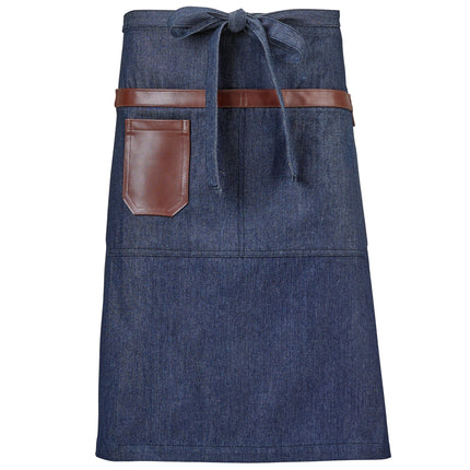 Tạp dề bistro vải denim draper Mercer Culinary M63204DEN Metro Edge Wyatt xanh indigo, chi tiết da nâu, giá treo khăn và