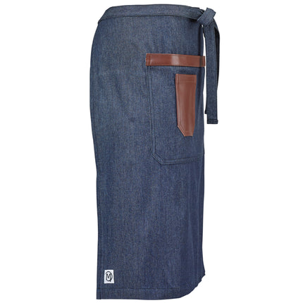 Tạp dề bistro vải denim draper Mercer Culinary M63204DEN Metro Edge Wyatt xanh indigo, chi tiết da nâu, giá treo khăn và