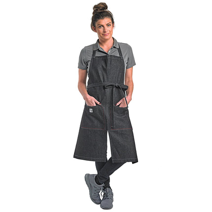 Tạp dề yếm vải denim cotton có thể tùy chỉnh Mercer Culinary M63203BKD Metro Edge Zephyr đen, dây cổ điều chỉnh, thân xẻ
