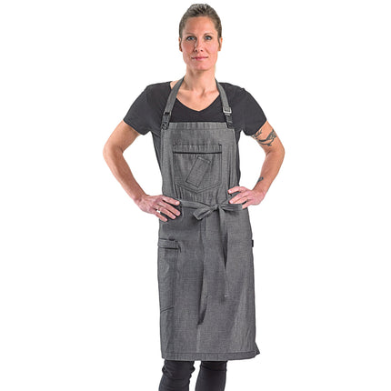 Tạp dề yếm vải denim dobby cotton Mercer Culinary M63200BKD Metro Edge Flannery đen, dây cổ điều chỉnh, giá treo khăn da