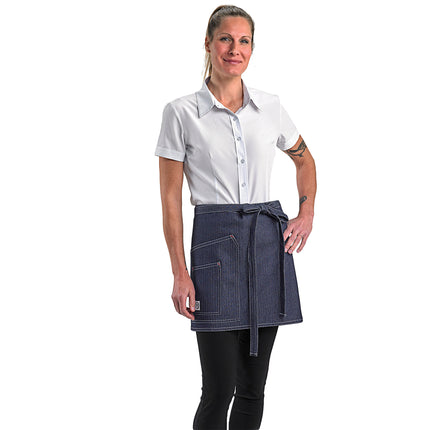 Tạp dề nửa eo 2 túi denim cotton tùy chỉnh được màu chàm Mercer Culinary Metro Edge Stellar M63202DEN 40,0 x 71,8 cm