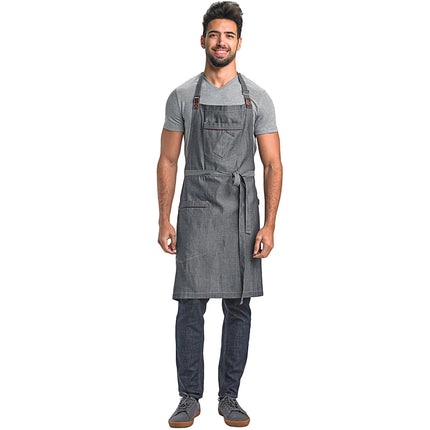 Tạp dề yếm vải denim dobby cotton Mercer Culinary M63200DEN Metro Edge Flannery xanh indigo, dây cổ điều chỉnh, giá treo